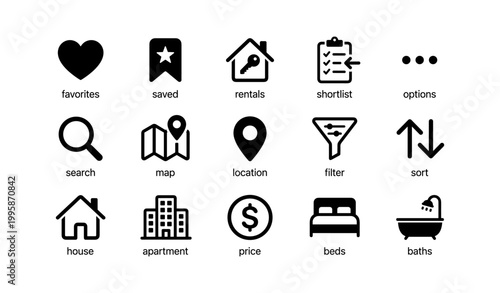 Real estate and navigation icons with labels in grid