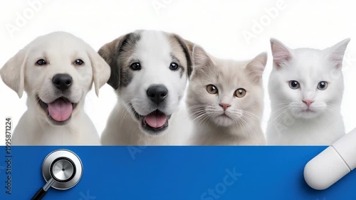 Panning shot of row of puppies and kittens sitting side by side looking toward camera on blue table with stethoscope in white studio background
