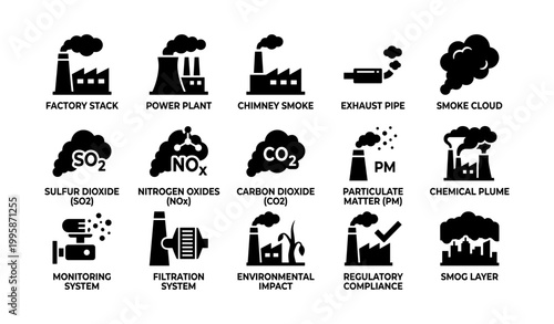 Factory and pollution icons displayed in grid on white background