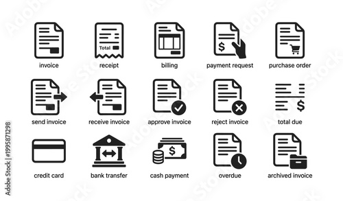 Financial document icons arranged in a grid on white background
