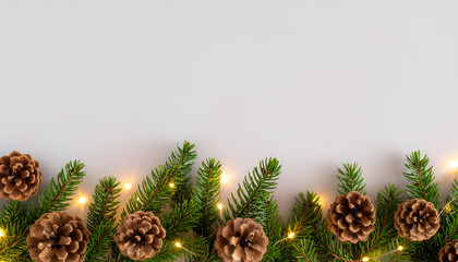 Christmas evergreen border with pine cones and glowing fairy lights.