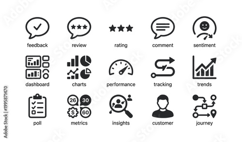 Feedback analytics icons showing metrics and trends on white