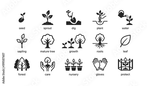 Plant growth and gardening icons arranged in grid on white