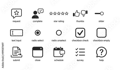 User interface icons for forms and feedback on white background