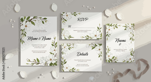 Wedding invitation suite with floral design, RSVP, details card on grey background