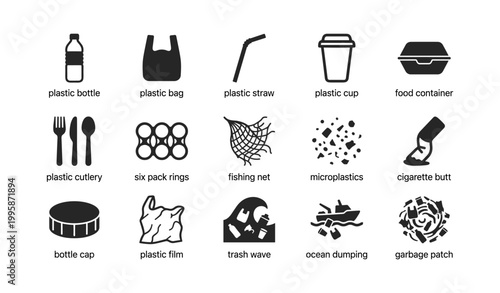 Plastic pollution icons depicting single use items and waste