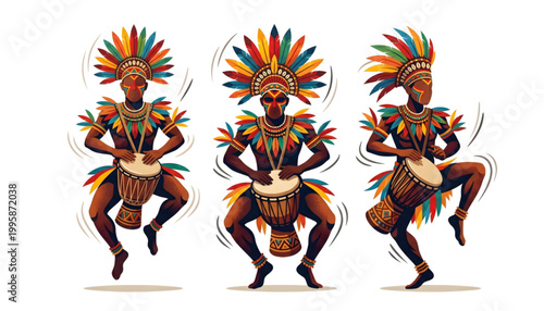 simplified vector of three faceless tribal dancers with kundu drums on transparent background
