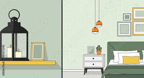 Cozy Bedroom Interior Design with Lantern and Pictures