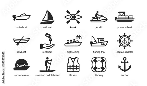 Boat and water recreation icons showing vessels and safety symbols