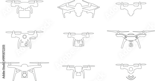Drone quadcopter icon set collection group, UAV drone, aerial robot, quadcopter aircraft icons in black flat and line style vector, flying camera technology symbol pack for delivery surveillance