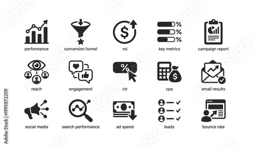 Marketing and analytics icons with labels on white grid background