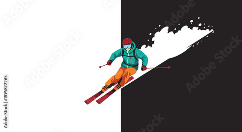 Skier in motion on snowy slope.