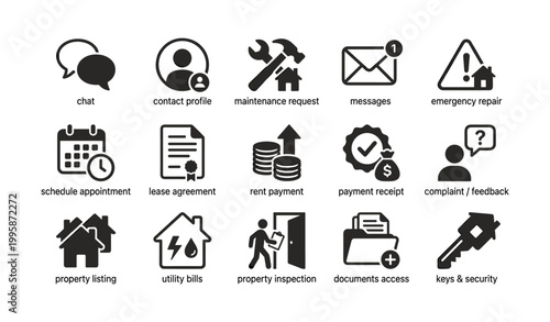 Property management icon set showing maintenance and tenant tools