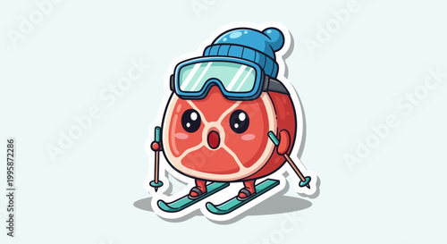 Cartoon fish character skiing on snow.