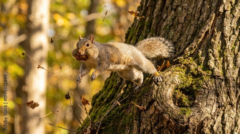Obraz premium Squirrel Leaping From Tree with Nuts in Autumn Forest