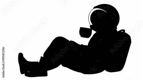 Astronaut silhouette sitting with a cup of coffee isolated