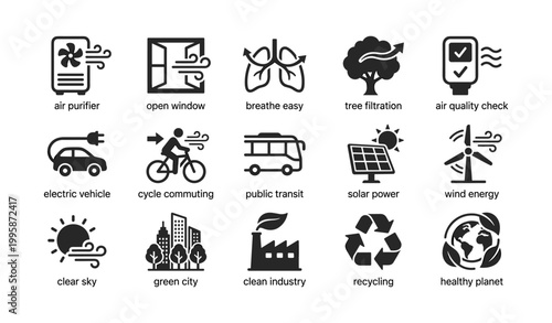 Sustainability icons showing energy and transport on white