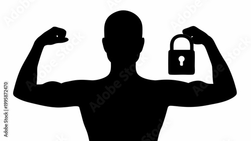 Silhouette of muscular man flexing with padlock