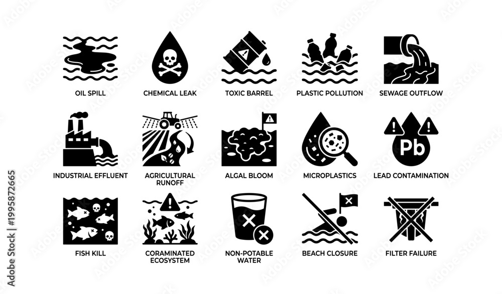 Obraz premium Water pollution hazard icons displayed in black symbols on white