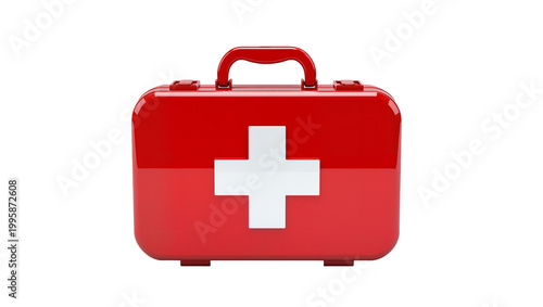 Foto Red First Aid Kit with White Cross Symbol and Black Handle