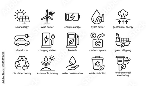Renewable energy and sustainability icons shown in grid layout