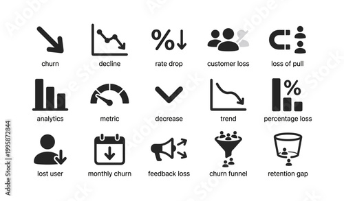 Customer churn and retention icons illustrating decline and analytics