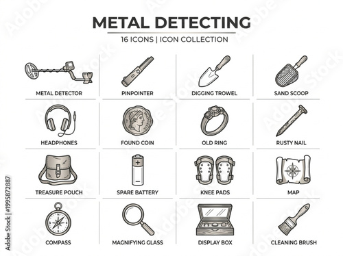 Professional collection of sixteen line art icons depicting metal detecting equipment and archaeological finds for treasure hunting and hobbyist themes