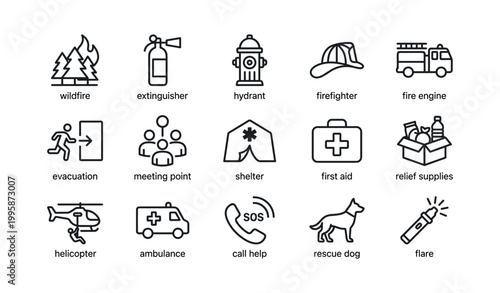 Emergency response and firefighting icons arranged on white background