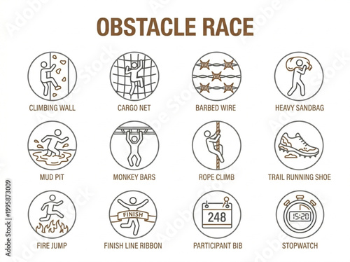 Collection of circular line art icons illustrating diverse extreme obstacle course challenges and racer equipment for fitness marketing