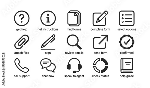 Help and form submission icons showing actions on white background