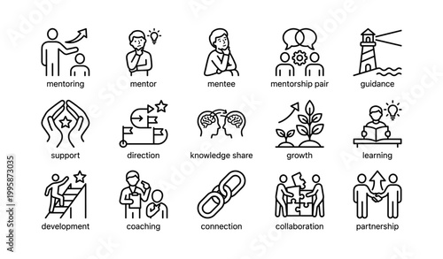 Mentoring icons showing guidance collaboration on white background