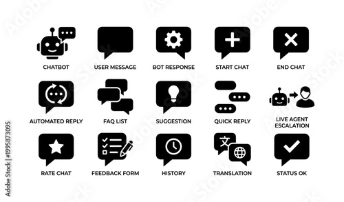Chatbot and messaging icons showing chat functions on white background
