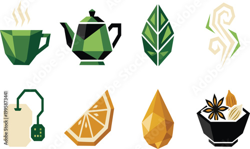 Abstract geometric icons representing tea ingredients and preparation, evoking freshness and aroma.
