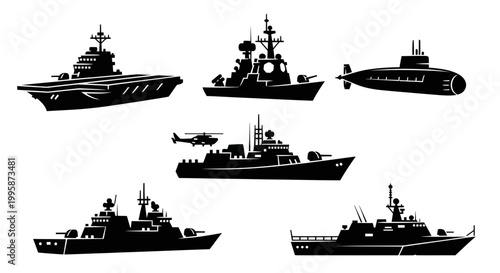 Naval Fleet Silhouette Icons: Aircraft Carrier, Destroyer, Submarine, Frigate, Patrol Boat