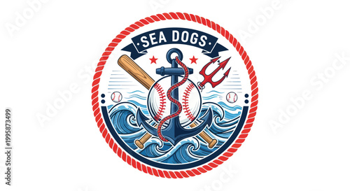 Fotografía Sea Dogs Logo: Baseball, Anchor, Trident, Waves, Nautical Emblem
