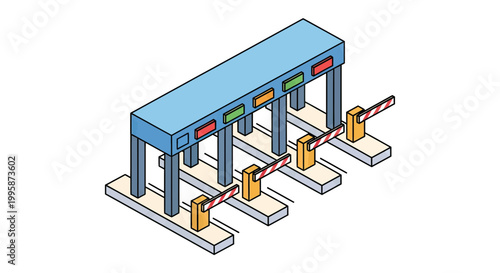 Isometric vector illustration of a highway toll plaza with automatic barrier arms and traffic signal lights for road fee payment and traffic control