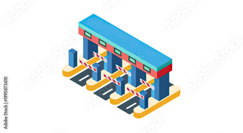 Isometric Toll Plaza Vector Illustration with Multiple Lanes and Booths for Highway Transportation