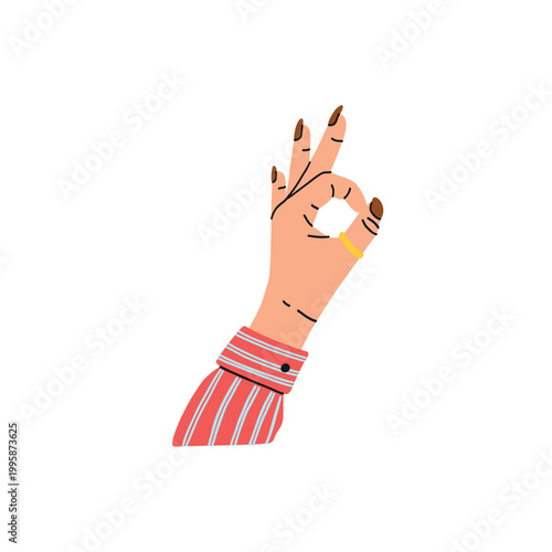 OK hand gesture. Manicured hand in striped sleeve approval sign, confirmation, quality and clear nonverbal communication. Vector cartoon flat style isolated illustration