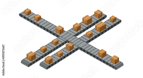 Isometric conveyor belt system with cardboard boxes in a distribution warehouse for logistics and shipping operations