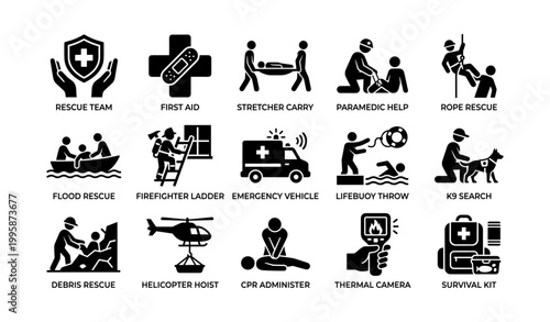 Rescue operation icons showing emergency response activities and tools