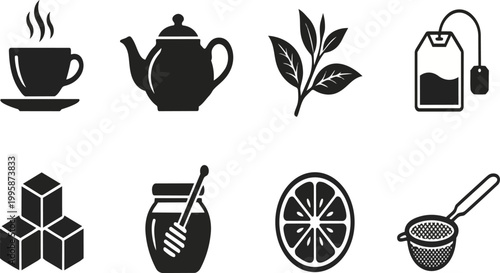 Collection of icons representing tea, honey, sugar, and lemon for a warm beverage