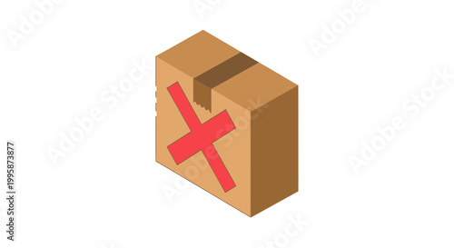 Isometric vector illustration of a cardboard delivery box with a red cross mark, symbolizing cancelled shipping, rejected order, or prohibited items in logistics.