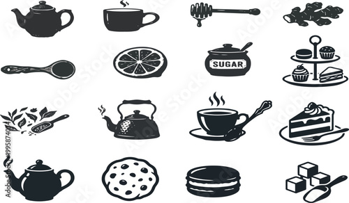 Charming collection of tea time icons, from teapots and cups to sweets and ginger.