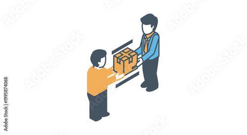Isometric Vector Illustration of a Delivery Courier Handing a Cardboard Box Package to a Customer for E-commerce Service Concept
