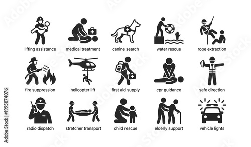 Emergency rescue and first aid icons displayed in grid