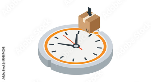 Isometric Fast Delivery Concept with Cardboard Box on Clock for Express Shipping and Logistics Services