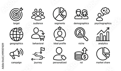 Marketing icons illustrating audience targeting and analytics grid