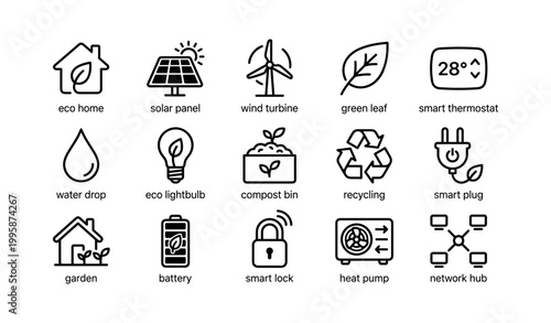 Eco and smart home icons shown in grid on white background
