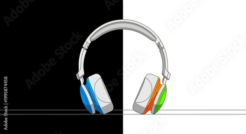 Colorful headphones on black and white background.