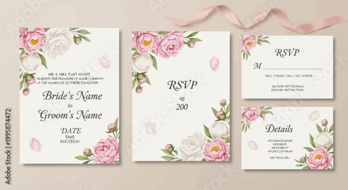 Wedding Invitation Suite with Pink and White Peonies, RSVP and Details Cards